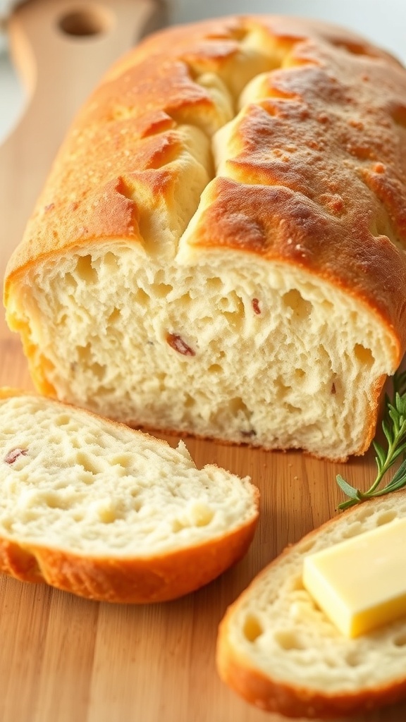 Gluten-Free Bread Machine Recipe Freshly baked gluten-free bread loaf sliced on a wooden board with butter and herbs.